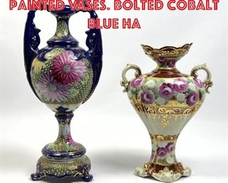 Lot 202 2pcs Japanese Hand Painted Vases. Bolted Cobalt Blue ha