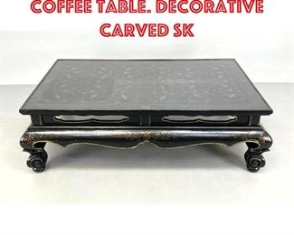 Lot 227 Ebonized Asian style Coffee Table. Decorative Carved Sk