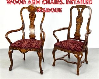 Lot 257 2pc Dutch style Inlaid Wood Arm Chairs. Detailed Marque