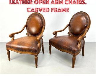 Lot 298 Pr COUNCILL Brown Leather Open Arm Chairs. Carved frame