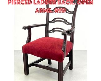 Lot 308 Mahogany Arm Chair. Pierced Ladder Back. Open Arms. Red