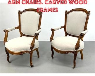 Lot 314 Pr French style Fauteuil Arm Chairs. Carved Wood Frames