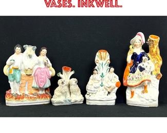 Lot 359 4pc Staffordshire spill vases. Inkwell. 