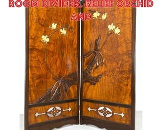 Lot 442 Asian Two Panel Screen Room Divider. Relief orchid and 