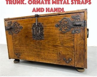 Lot 444 Antique Wood Chest Trunk. Ornate metal straps and handl