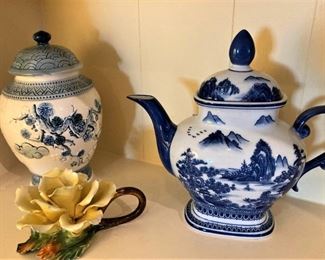 Blue and white teapot; ceramic rose