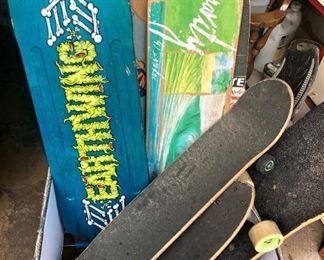 Variety of skate boards (some with wheels .  .  .  some without)