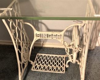 Table with glass top/ vintage Singer sewing machine base painted white