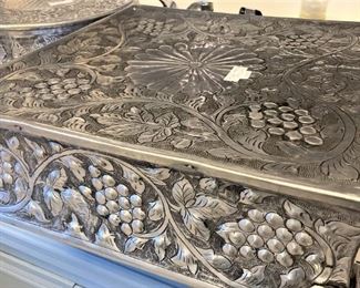 Square embossed metal cake plateau  .  .  . pedestal display plate