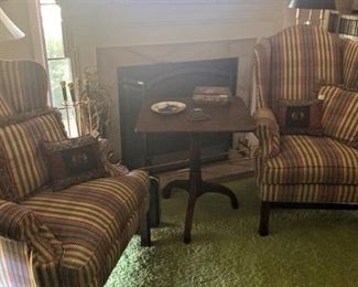 Pair of matching wingback chairs; "portable" fireplace; small tilt table