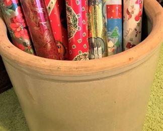 Antique crock; Christmas wrapping paper