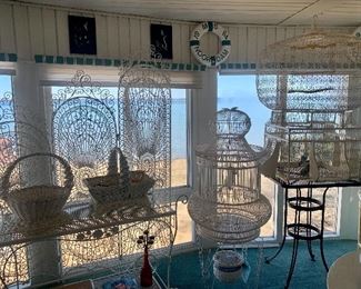 EXTRA Large Iron Birdcages.  Victorian Wooden Birdcage. Wrought Iron Spanish Screen & Large Iron Tea Cart Garden Table