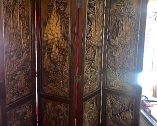 ABSOLUTELY GORGEOUS! 1971 Hand Carved Wood 4 Panel Screen. From the 1970's Each panel took a year to carve. Each panel is different. Original one of a kind pieces! Excellent condition. Each panel is 20" w x 80"h x 2" d.  Artist Su-Huei Huang