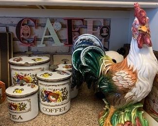 Vintage tin canister set, Ceramic Rooster