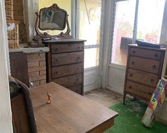Vintage oak dressers, library table, mirror