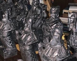 AMAZING Mid Century Hand Carved Soapstone Chess Set. Each piece is 2 lbs. Teak Game Table with felt lined compartmentalized drawers. Mint condition! Table: 29"h x  34"w x 34"l   Chessmen are 7"h x 2 1/4" w