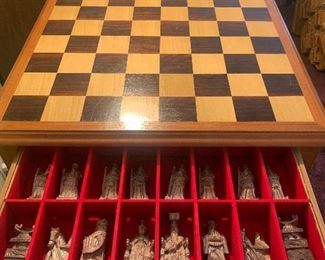 AMAZING Mid Century Hand Carved Soapstone Chess Set. Each piece is 2 lbs. Teak Table with felt lined compartmentalized drawers. Mint condition! 
