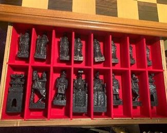 AMAZING Mid Century Hand Carved Soapstone Chess Set. Each piece is 2 lbs. Teak Table with felt lined compartmentalized drawers. Mint condition! 