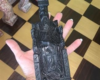 AMAZING Mid Century Hand Carved Soapstone Chess Set. Each piece is 2 lbs. Teak Game Table with felt lined compartmentalized drawers. Mint condition! Table: 29"h x  34"w x 34"l   Chessmen are 7"h x 2 1/4" w