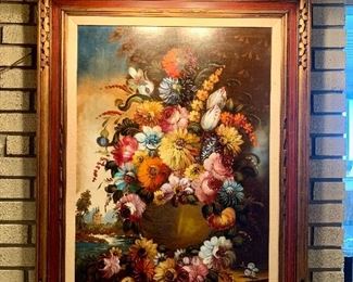 Stunning colors! Large Framed Floral still life oil on canvas painting, A. Bertolini 24" x 36"
