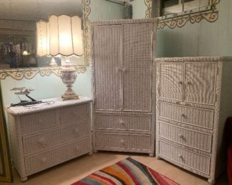 Bristol Collection white wicker rattan 3 piece bedroom furniture including: dresser, chest and wardrobe. Also has a Twin Size Daybed / King Trundle.