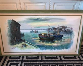 Boats in Harbor Oil on Canvas 30" x 54" A. Simpson