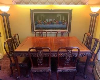 1978 Carved Rosewood Dining Room Table, Grapes Design, with two 18" leaves, 8 Carved Matching Chairs with original 2" custom cushions & table top mats. Purchased and delivered directly from Hong Kong in '78