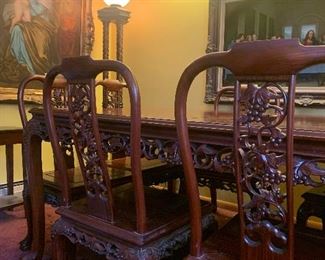 1978 Carved Rosewood Dining Room Table with two 18" leaves, 8 Carved Matching Chairs with custom cushions & table top mats. Purchased and delivered directly from Hong Kong in '78