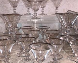 Set of Beautifully etched vintage crystal stemware with platinum trim