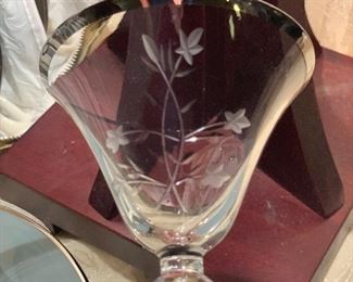 Set of Beautifully etched vintage crystal stemware with platinum trim