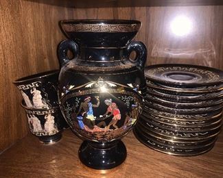 Grecian China Cups / Saucers, Vase with 18 kt gold