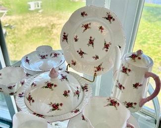 SHELLEY Vintage Bridal Rose Teapot Coffee Round Covered Butter Dish Creamer Sugar Cup Saucer Egg Cup  Pieces!  Perfect Condition
