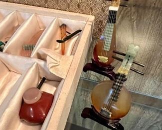 Vintage Semi-Precious Jade Miniature Musical Instruments in original box with stands