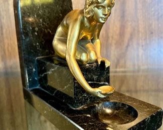 1920's Art Deco Gilded Bronze & Marble Nude Woman Statue Bookend (Only one avail, not a pair)