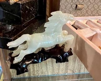 Vintage Jade Hand Carved Horse on Black Stand
