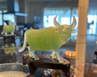 Vintage Chinese Carved Jade Bull with Stand