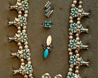 AMAZING Vintage Navajo Squash Blossoms and turquoise & Sterling rings 