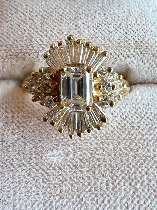 Diamond Ballerina Ring, Baguette & Round Diamonds with a center Emerald Cut Diamond.
