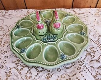 Vintage Egg Plate with Matching Salt and Pepper Shakers