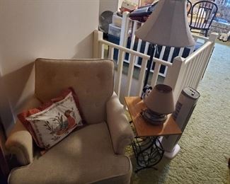 Upholstered Chair and Side Table w/ Lamp