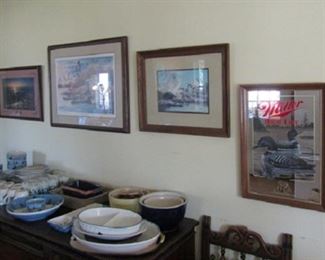 Beautiful Wildlife Prints, signed, numbered and one is an Artist Proof. Early 1991 Miller Beer Michigan Loon Mirror.  