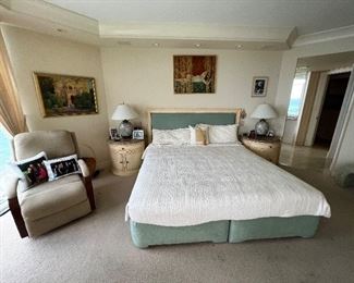 Recliner, pr of nite stands $300 no name, king bed, pr of porcelain lamps $200