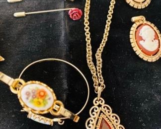 Avon jewelry. Necklace $6, Bracelets $4 ea., Cameos $12 ea., Stick pins $4 ea. 