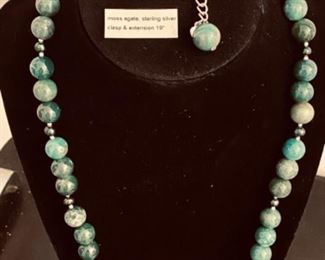 Moss agate bead necklace with sterling spacers and clasp