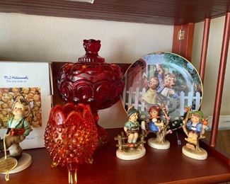 Vintage flame orange glass and hummels