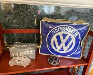 Vintage Volkswagen Blanket, figurine and car emblem. We also have VW parts and tools!