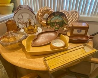 Cute Four-way folding breakfast table - space saver! Plus, vintage Mikasa dishes, Fire-king casserole dish and cute copperware.