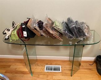 Glass sofa/entry table, like new and new handbags