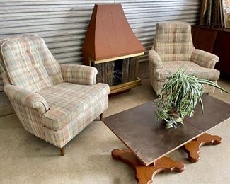 Mid Century Club Chairs and Electric Fireplace