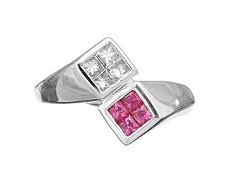 Modernist Ruby Diamond 14K White Gold Ring